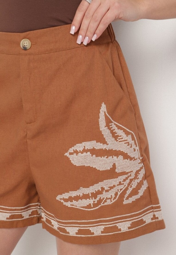 Brązowe Bawełniane Szorty z Wysokim Stanem Zdobione Haftem Filarassa