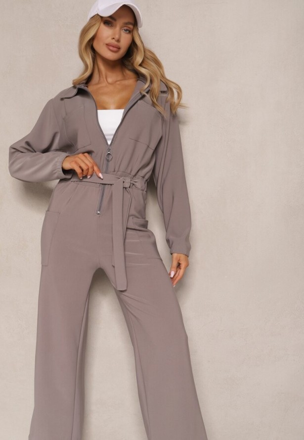 Szary Kombinezon z Elastyczną Gumką w Pasie z Dodatkowym Wiązaniem o Luźnym Kroju Creera