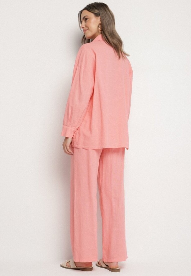 Jasnoróżowy Komplet z Lnu i Bawełny Koszula i Szerokie Spodnie Fenelli