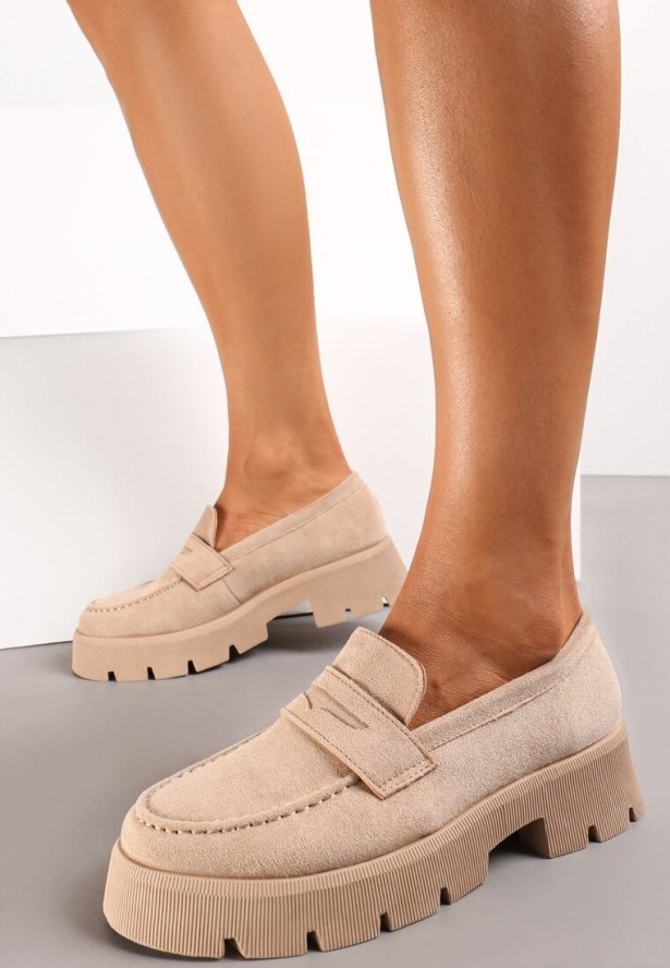 Beżowe Mokasyny na Grubej Podeszwie Samil