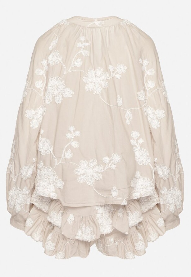 Beżowy Bawełniany Komplet Koszula z Szerokimi Rękawami i Spódnico-Spodenki Savrise