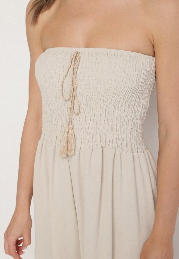 Beżowy Kombinezon Bez Rękawów z Szerokimi Nogawkami i Frędzlami Dovilla