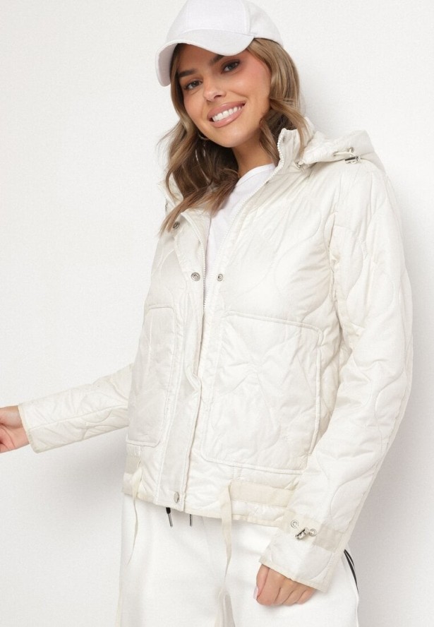 Biała Kurtka Pikowana z Odpinanym Kapturem ze Ściągaczami Erathena