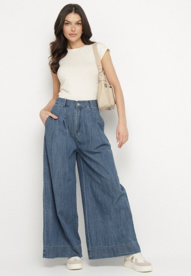 Granatowe Bawełniane Jeansy Szerokie z Wysokim Stanem Galsemi