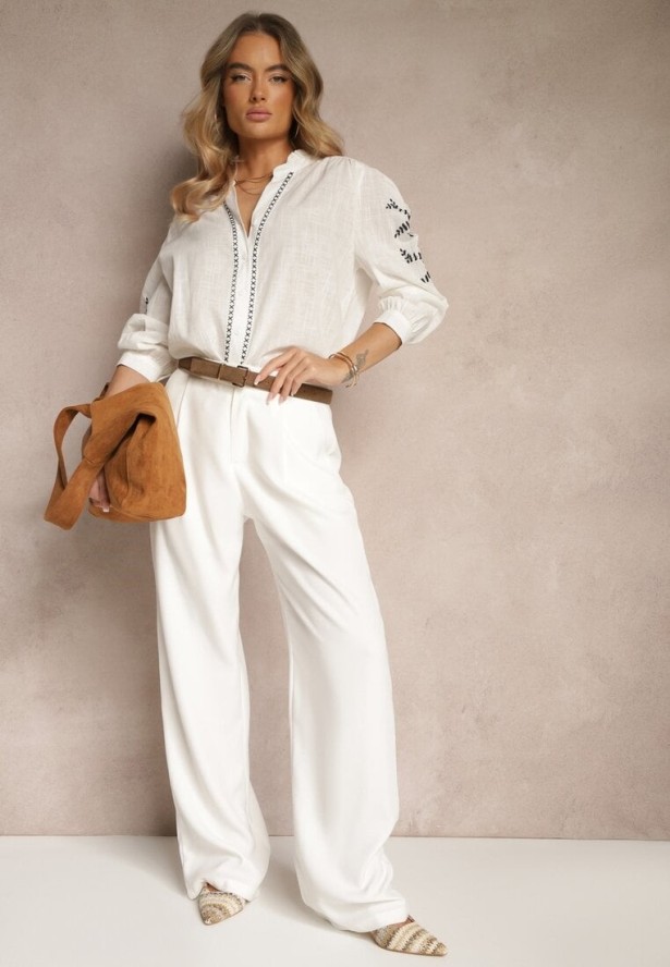 Biała Koszula Bawełniana z Ozdobnym Haftem i Falbanką Gonnarel