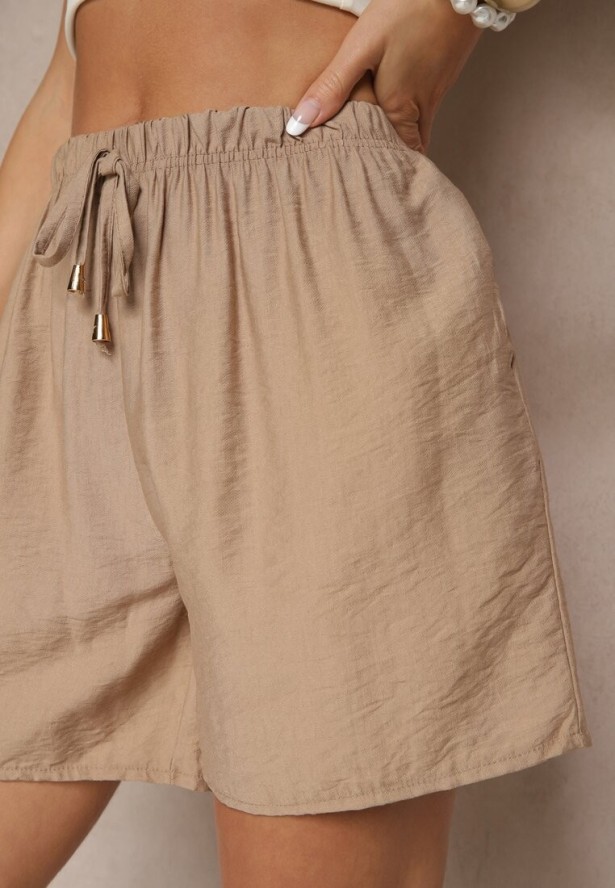 Ciemnobeżowe Szorty z Bawełny High Waist z Wiązaniem Filorella
