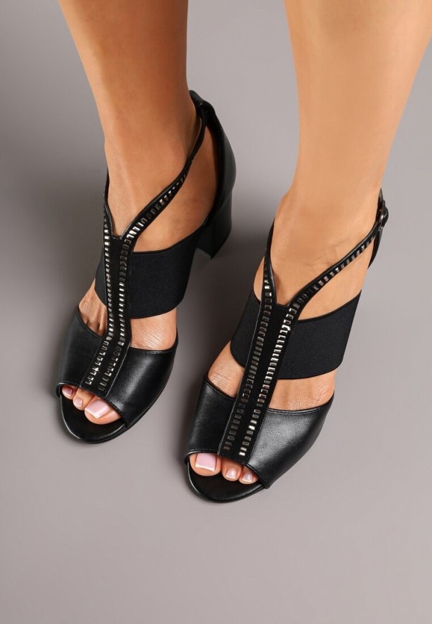 Czarne Sandały na Słupku z Ekoskóry ze Sprzączką i Cyrkoniami Evalirss