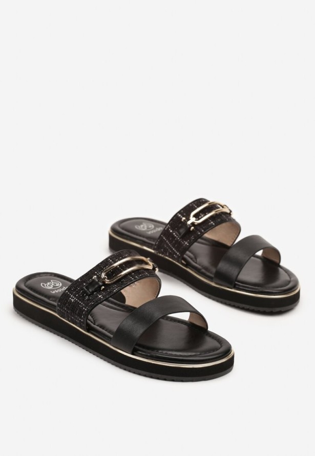 Czarne Płaskie Klapki z Tweedową Wstawką i Metaliczną Klamerką Felmio