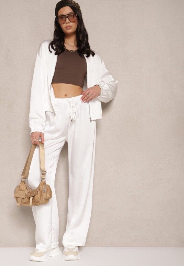Białe Spodnie o Szerokim Kroju z Wiskozą High Waist z Wiązaniem Jerisia
