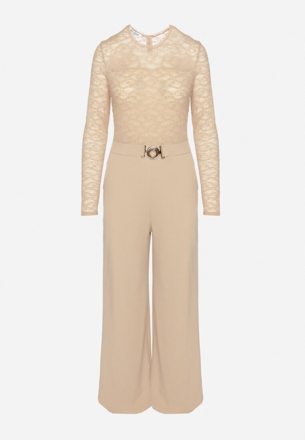 Jasnobeżowy Koronkowy Kombinezon z Wiskozą z Szerokimi Nogawkami Ninarena