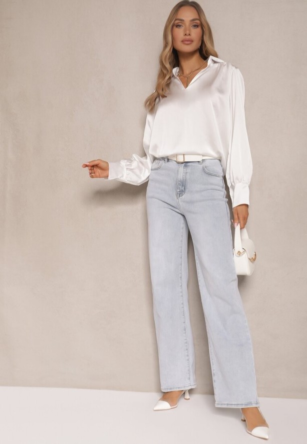 Biała Bluzka z Kołnierzykiem i Ozdobnym Marszczeniem Ariba