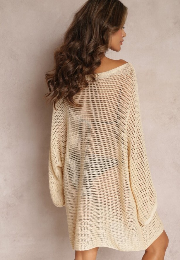 Beżowa Szydełkowa Narzutka Tunika z Szerokim Rękawem Narley