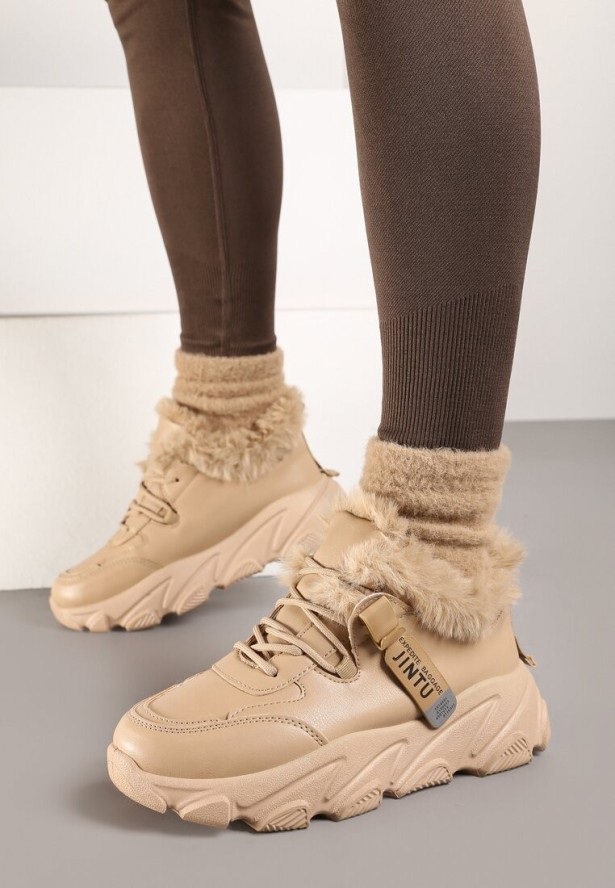 Ciemnobeżowe Sneakersy Przed Kostkę na Płaskiej Grubej Podeszwie z Ociepleniem ze Sztucznego Futerka Borrolla
