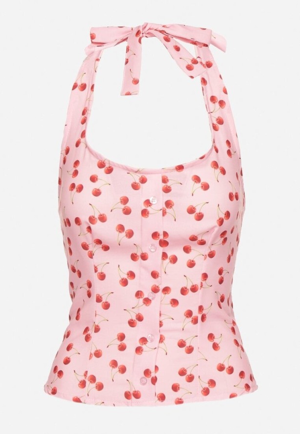 Różowa Bluzka z Odkrytymi Plecami i Wiązaniem Zdobiona Guzikami Tolanesse