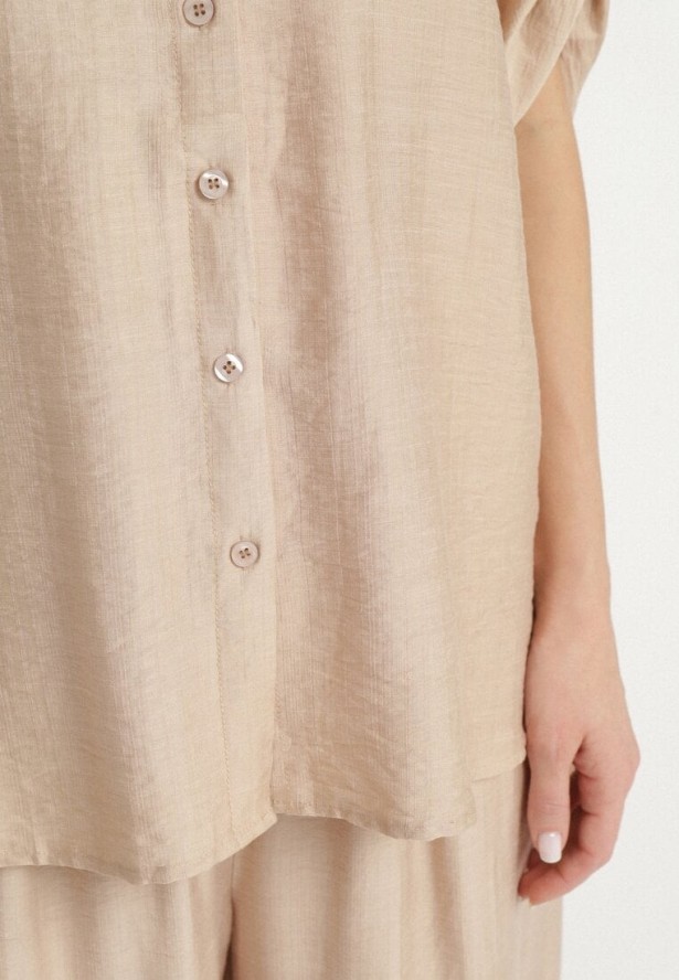 Beżowy Komplet z Wiskozy Koszula z Podpinanymi Rękawami i Szerokie Spodnie Dormoi