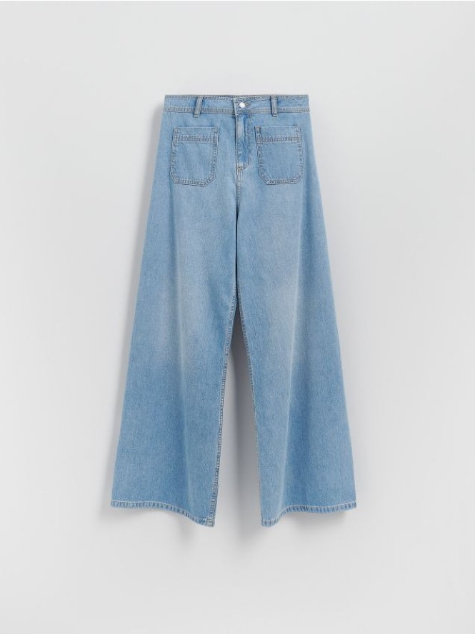 Jeansy wide leg z naszywanymi kieszeniami - niebieski