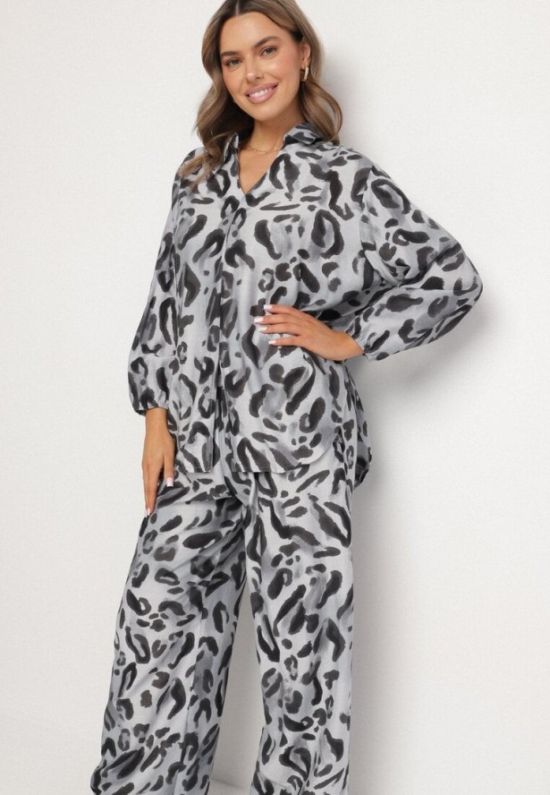 Szary Panterkowy Komplet z Wiskozą Koszula z Dłuższym Tyłem i Szerokie Spodnie Evaln