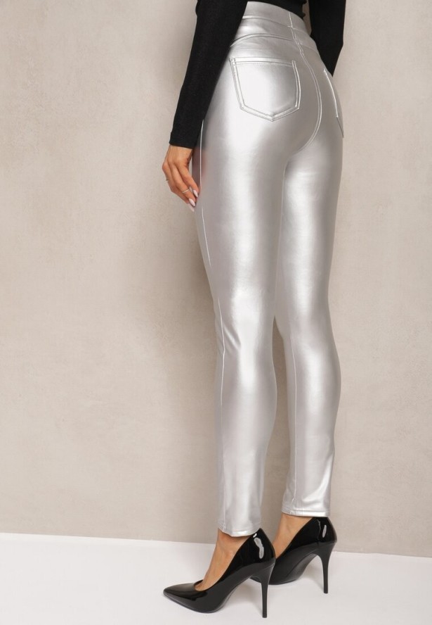 Srebrne Legginsy z Imitacji Skóry High Waist Noriel