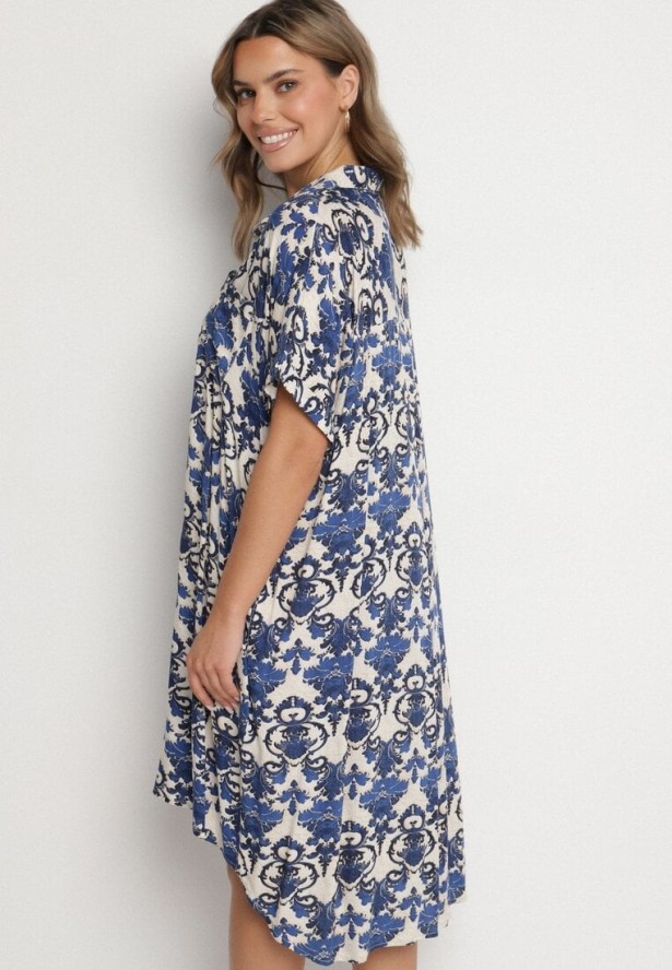 Granatowa Pudełkowa Sukienka Koszulowa z Wiskozy w Ornamentalny Print Vanisse