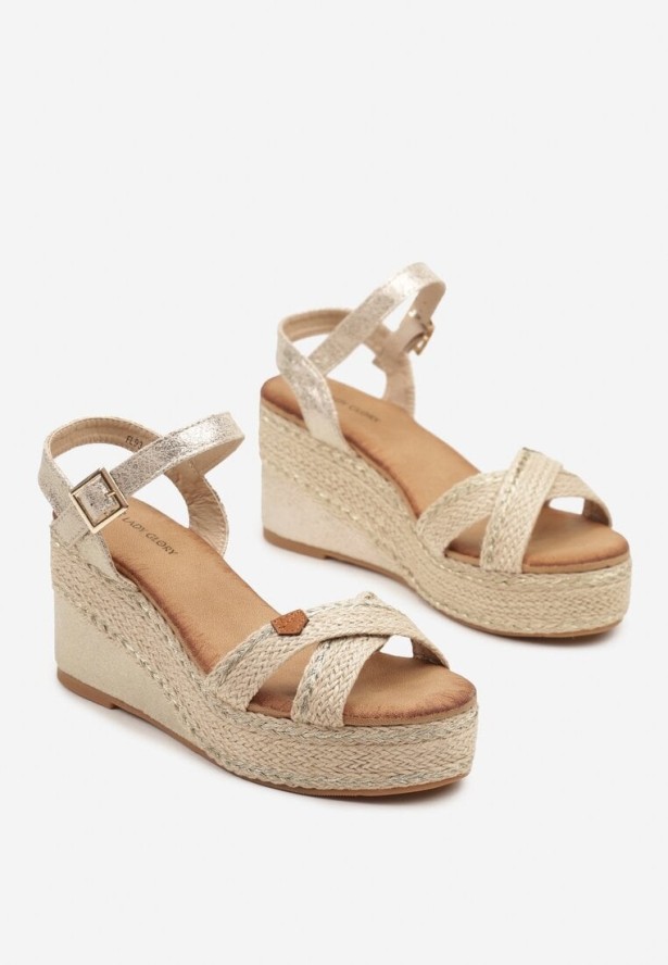 Złote Sandały ze Wstawkami z Plecionki na Koturnie Neroliana