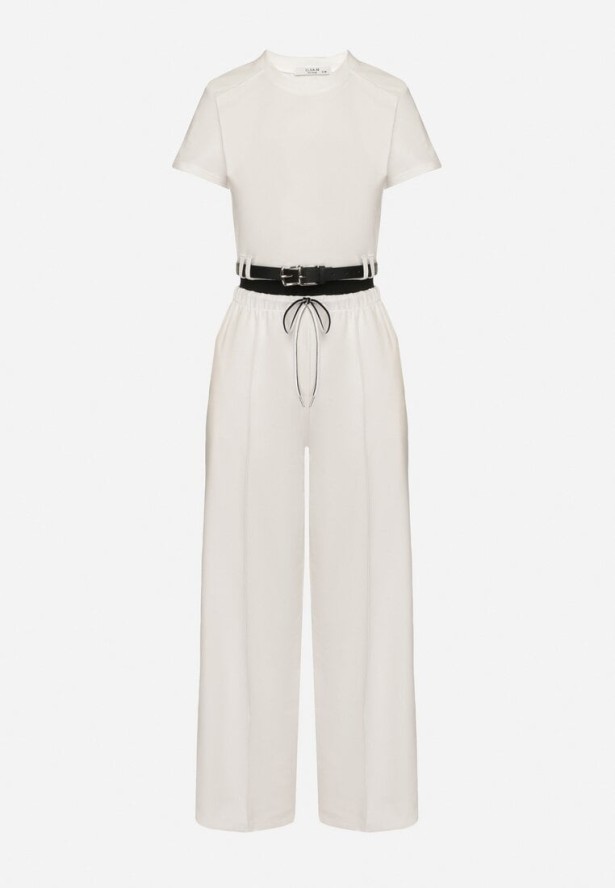 Biały Bawełniany Komplet Bluzka z Usztywnianymi Ramionami i Szerokie Spodnie Jasivna