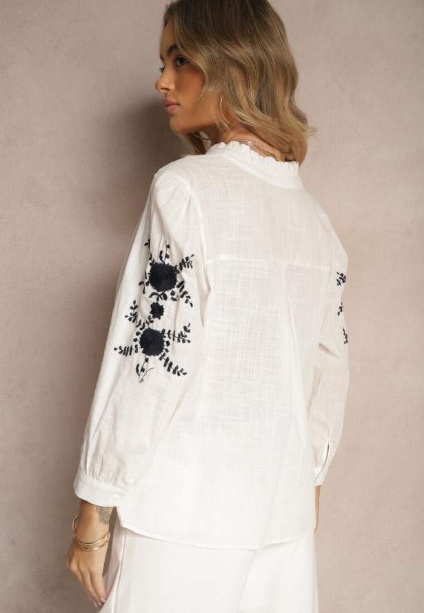 Biała Koszula Bawełniana z Ozdobnym Haftem i Falbanką Gonnarel