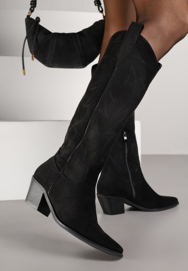 Czarne Kozaki Kowbojki na Stożku z Haftem na Cholewce Gallessa