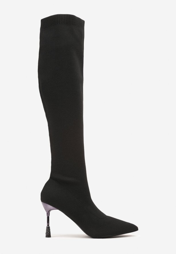 Czarne Skarpetkowe Kozaki Vices na Ozdobnym Obcasie z Cyrkoniami Nilritisa