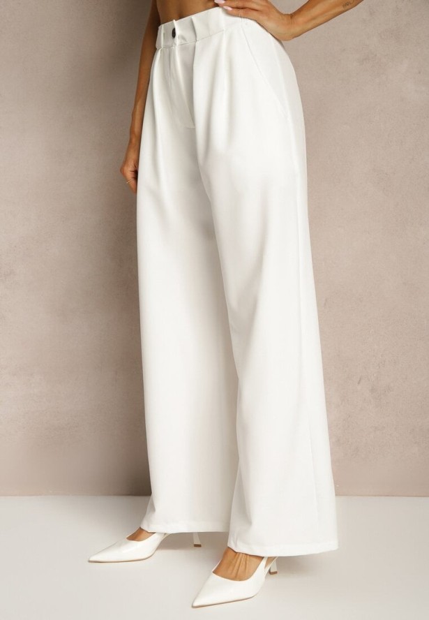 Białe Szerokie Spodnie High Waist o Garniturowym Kroju z Zakładkami Uliadorea