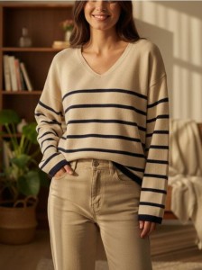 Sweter w paski z dekoltem V - beżowy