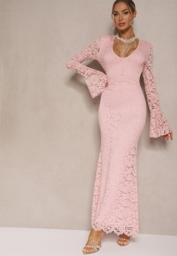 Ciemnoróżowa Dopasowana Sukienka Zdobiona Koronką z Rozszerzanym Dołem Hannalis