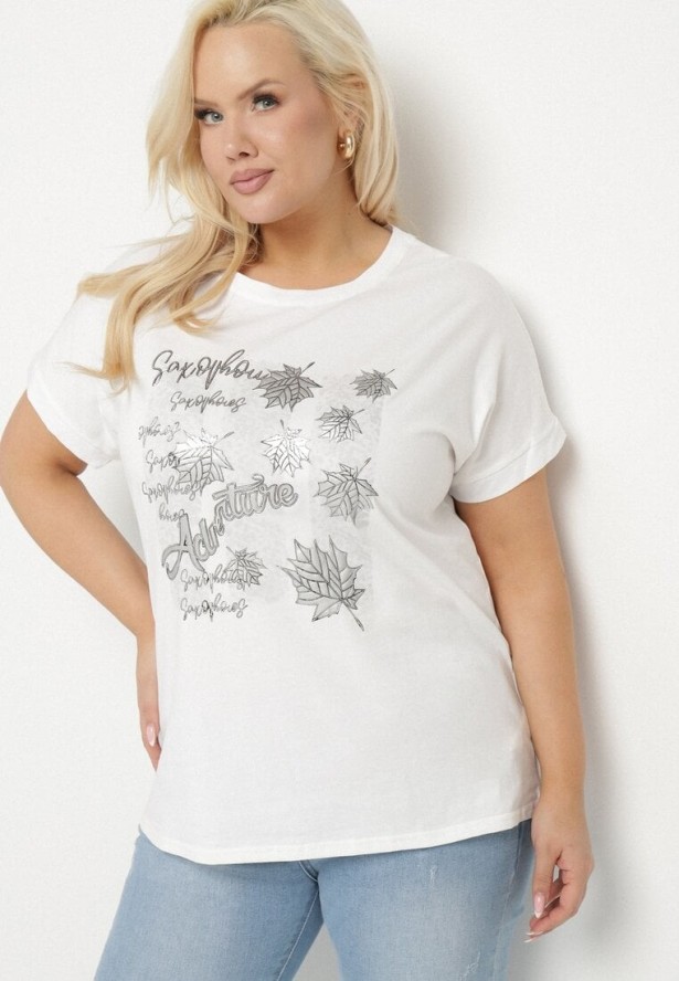 Biały T-shirt z Bawełny o Kroju Nietoperza z Metalicznym Nadrukiem Olisenia