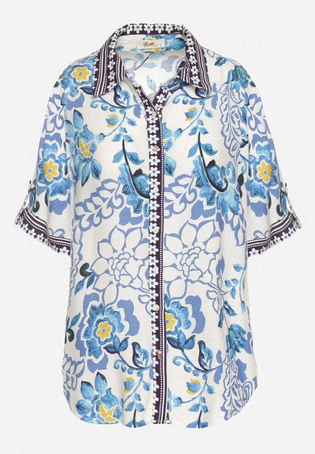 Niebieska Koszula z Wiskozy w Kwiatowy Wzór Milineira