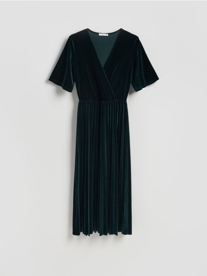 Welurowa sukienka z plisowaniem - morski