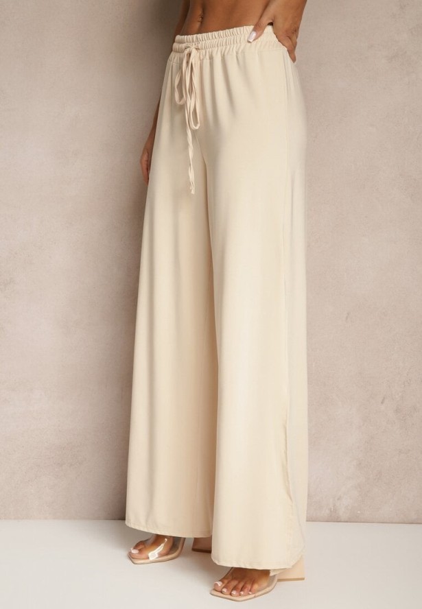 Beżowy Komplet z Wiskozą Wiązany Top i Spodnie o Szerokim Kroju z Rozcięciami Zilavira