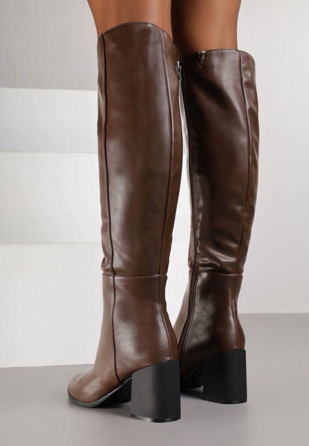 Brązowe Kozaki Vices na Obcasie Ozdobione Przeszyciami Cidvira