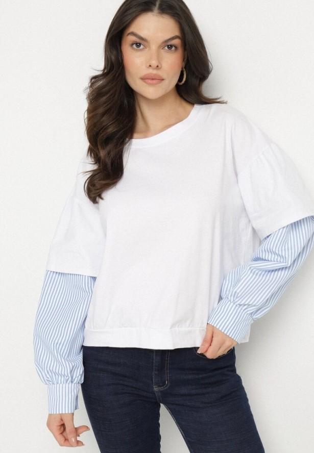 Biała Bluzka z Bawełny z Koszulowymi Rękawami w Paski Firselia