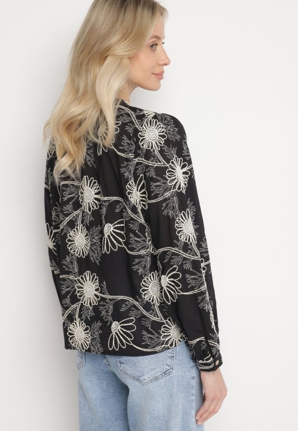 Czarna Bawełniana Koszula Zdobiona Haftem w Kwiatowy Wzór z Cekinami Gonirith