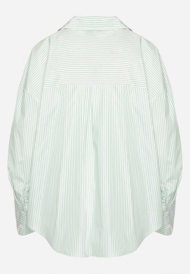 Zielona Bawełniana Koszula Oversize w Prążki Zdobiona Metaliczną Nicią Paserella