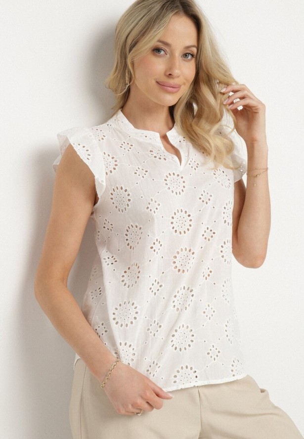 Biała Ażurowa Bluzka z Bawełny z Falbankami Emzekia