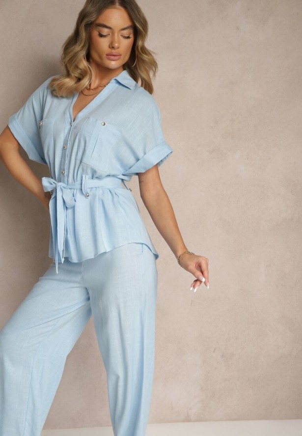 Niebieski Komplet z Bawełną Spodnie i Koszula z Paskiem Rinaretea