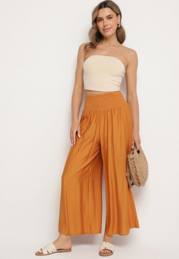 Pomarańczowe Wiskozowe Szerokie Spodnie z Wysokim Stanem Orrilia