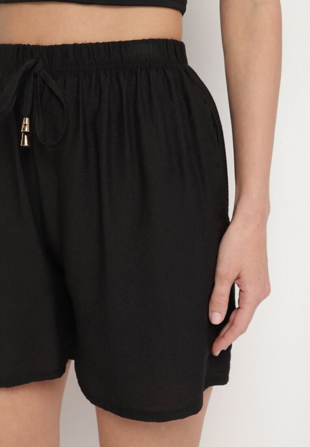 Czarne Bawełniane Szorty z Wysokim Stanem Ozdobione Wiązaniem Filomira