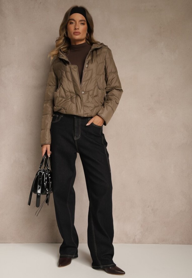 Brązowa Kurtka Przejściowa z Kapturem w Oryginalne Pikowane Przeszycia Arivitta