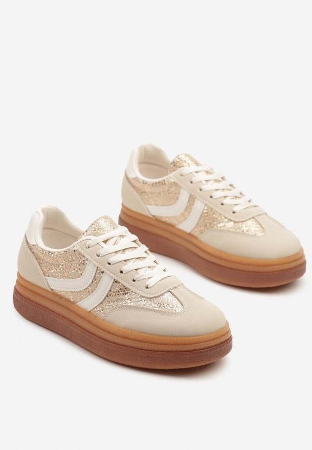 Beżowe Wężowe Sneakersy w Stylu Klasycznych Tenisówek na Grubej Podeszwie Grelritia