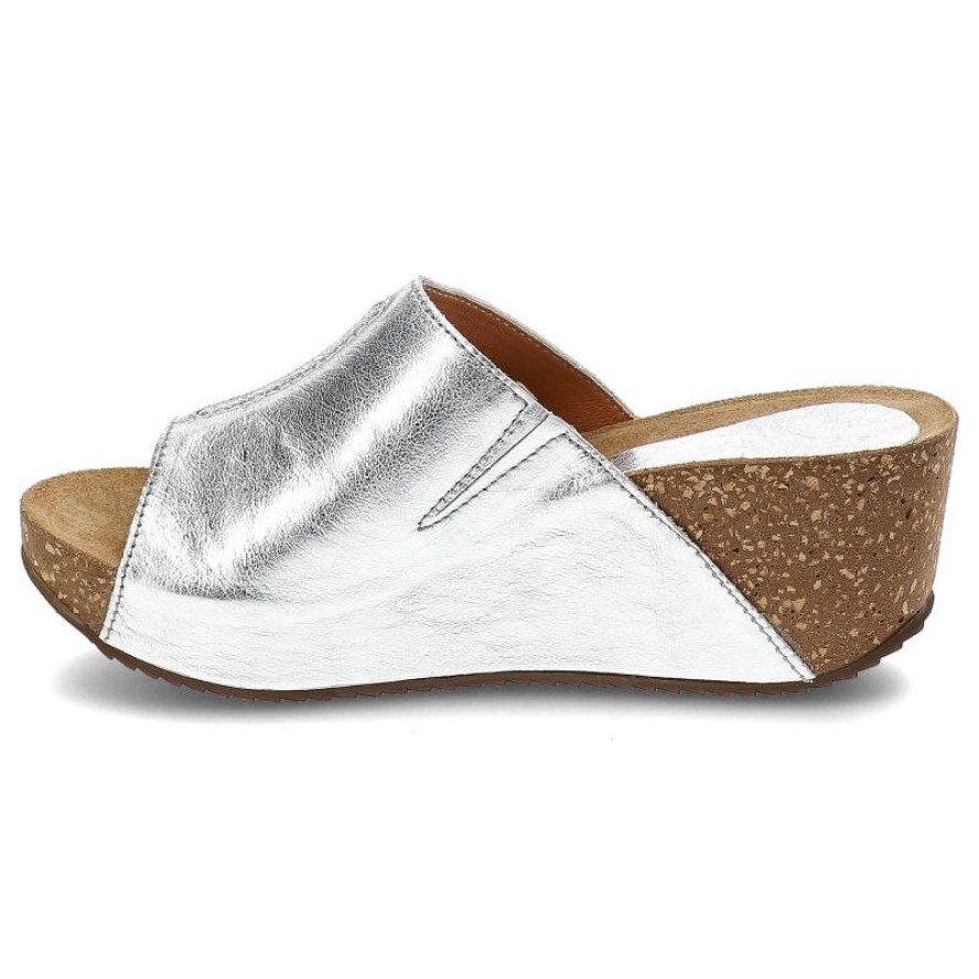 Srebrne Klapki Simen Wygodne Skórzane Buty Na Koturnie