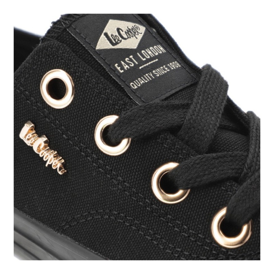 Trampki damskie Lee Cooper, cholewka z materiału tekstylnego wiązanie z przodu metalowe oczka na płaskiej podeszwie, czarne, LCW-26-02-4069L SVL-653