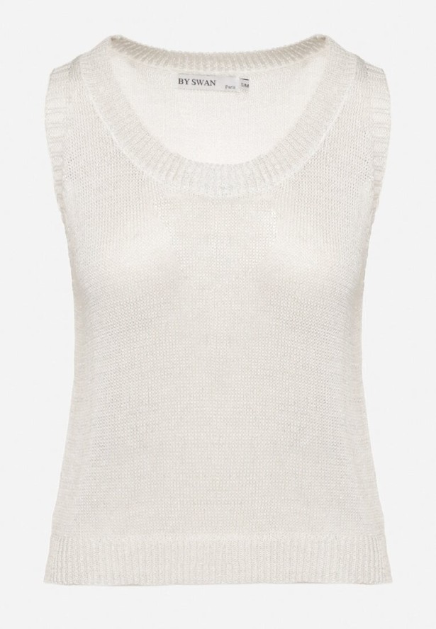 Jasnobeżowa Bluzka Bez Rękawów z Dzianiny z Wiskozy z Metaliczną Nicią Alamaris