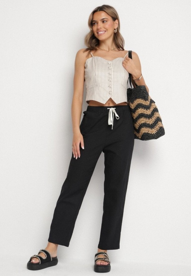 Czarne Bawełniane Spodnie z Wiązaniem Galtebis