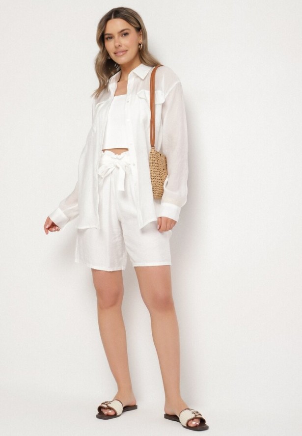 Białe Wiskozowe Szorty z Wysokim Stanem i Paskiem Lumovelle